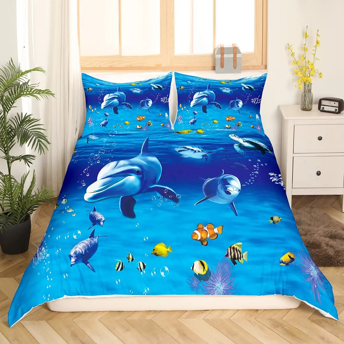 Dolphin Duvet Cover Kids Blue Ocean Marine Themed Bedding Set Boys Girls Sea Animal Comforter Cover Set Microfiber Quilt Cover