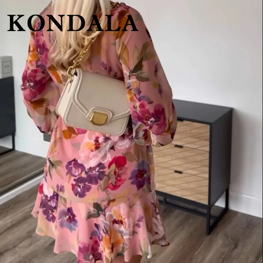 콘달라 시크 플라워 프린트 여성 드레스 패션 2025 V넥 캐스케이딩 미니 드레스 끈 단추 주름 여성 봄 원피스