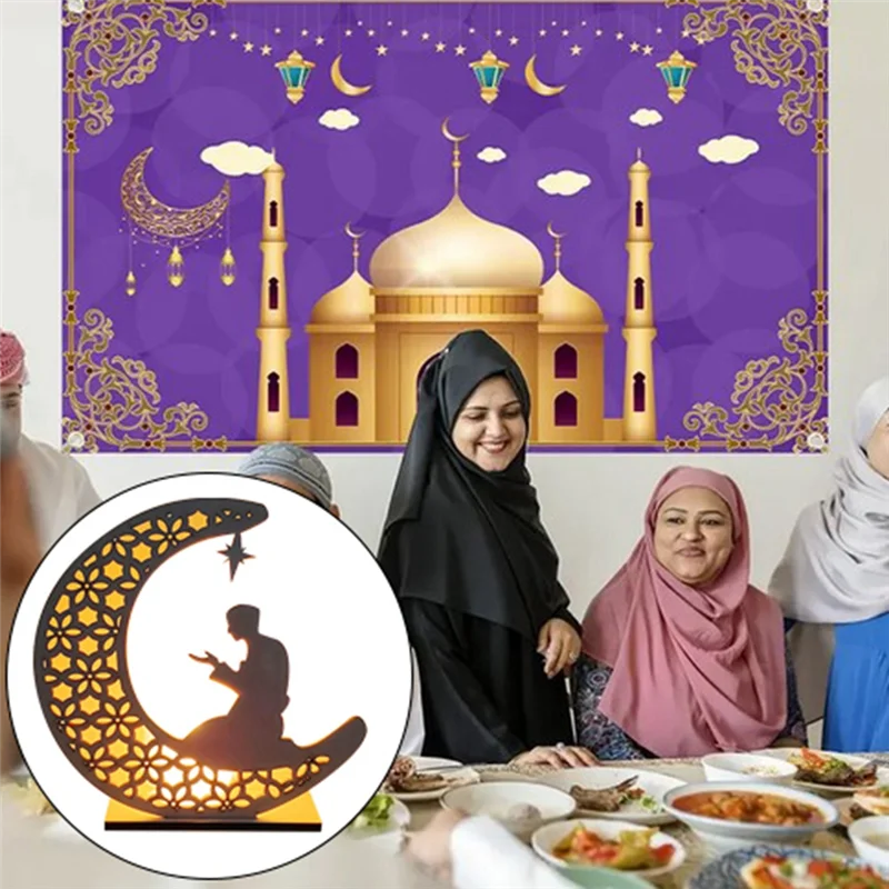 

ABMR-Wooden Crafts Ornament Lamp Middle East Festival Eid Decorative Lamp Moon LED Decorative Lamps, E Durable