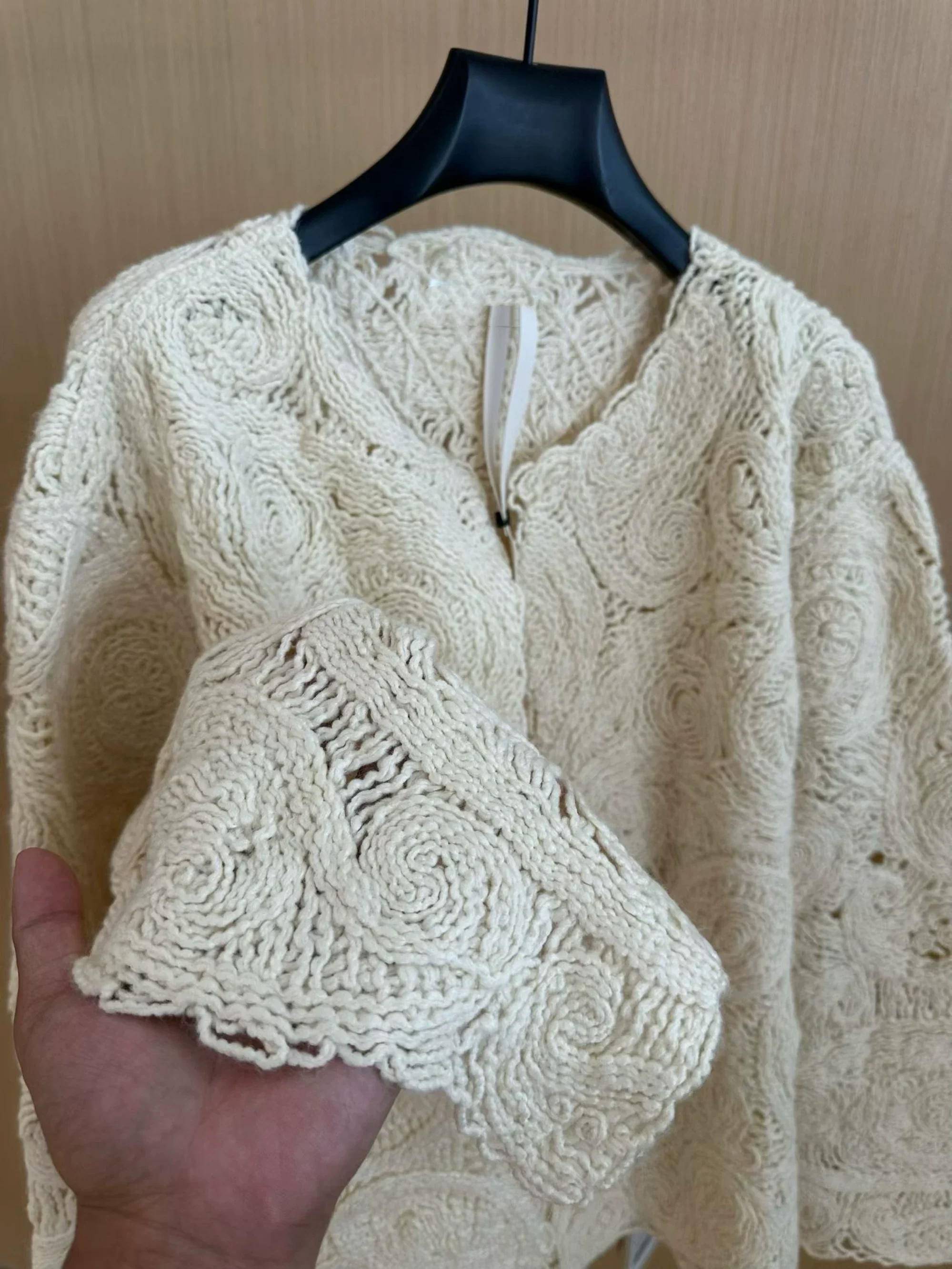 High-End Cotton Crochet Jacket Women Chic French Guipure Lace Open Front Cardigan Ivory Beige