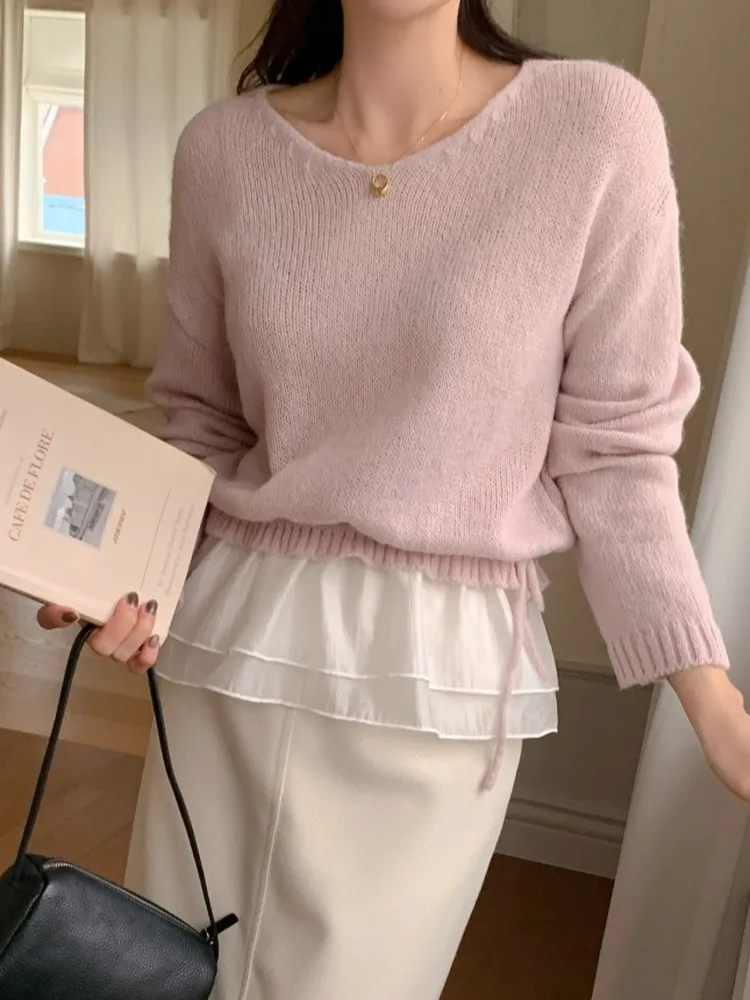 

Double Layer Ruffle Knitwear Women's round Ne Loose Dstring Waist Slimming Sweet Anti-Aging Sweater Trendy Cotton Blend