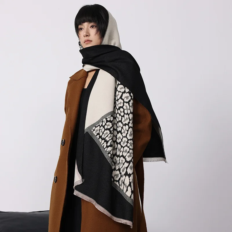 

Elegant Jacquard Leopard Design Scarves Imitation Cashmere Soft Warm Fringe Shawl Winter Coldproof Windproof Blanket Scarf