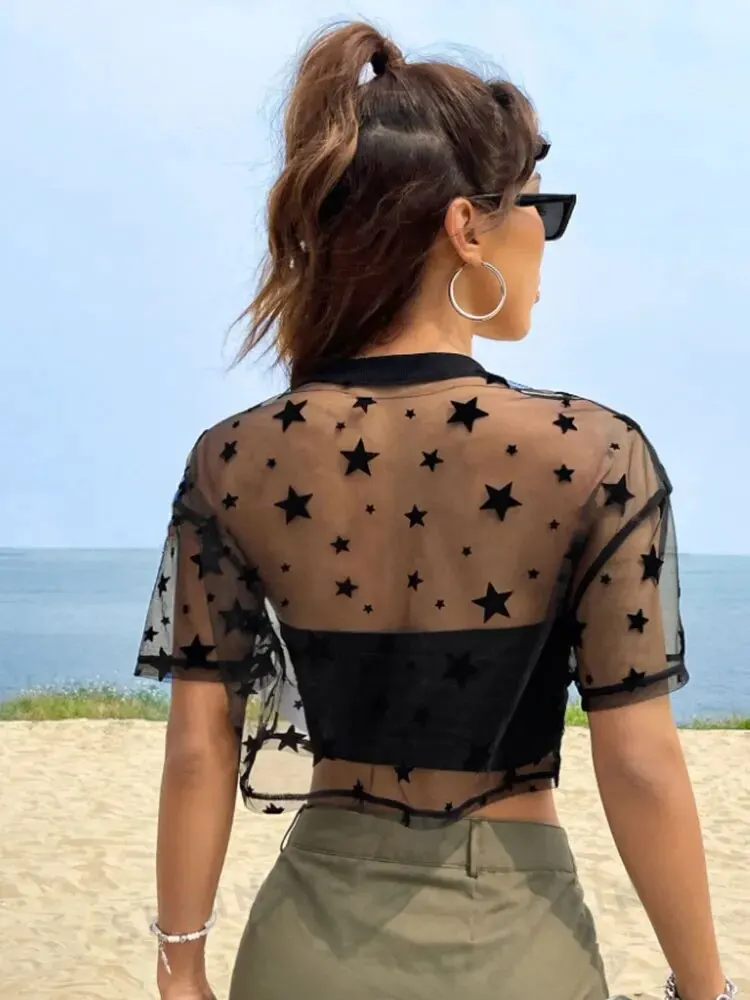 Summer Outfits Star Print Drop Shoulder Crop Mesh Top Without Camisole