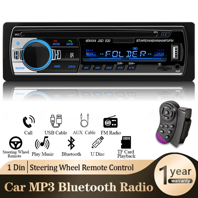Radio samochodowe 1 din Stereo Player Digital Bluetooth Car MP3 Player 60Wx4 FM Radio Stereo Audio Music USB/SD z wejściem AUX w desce rozdzielczej