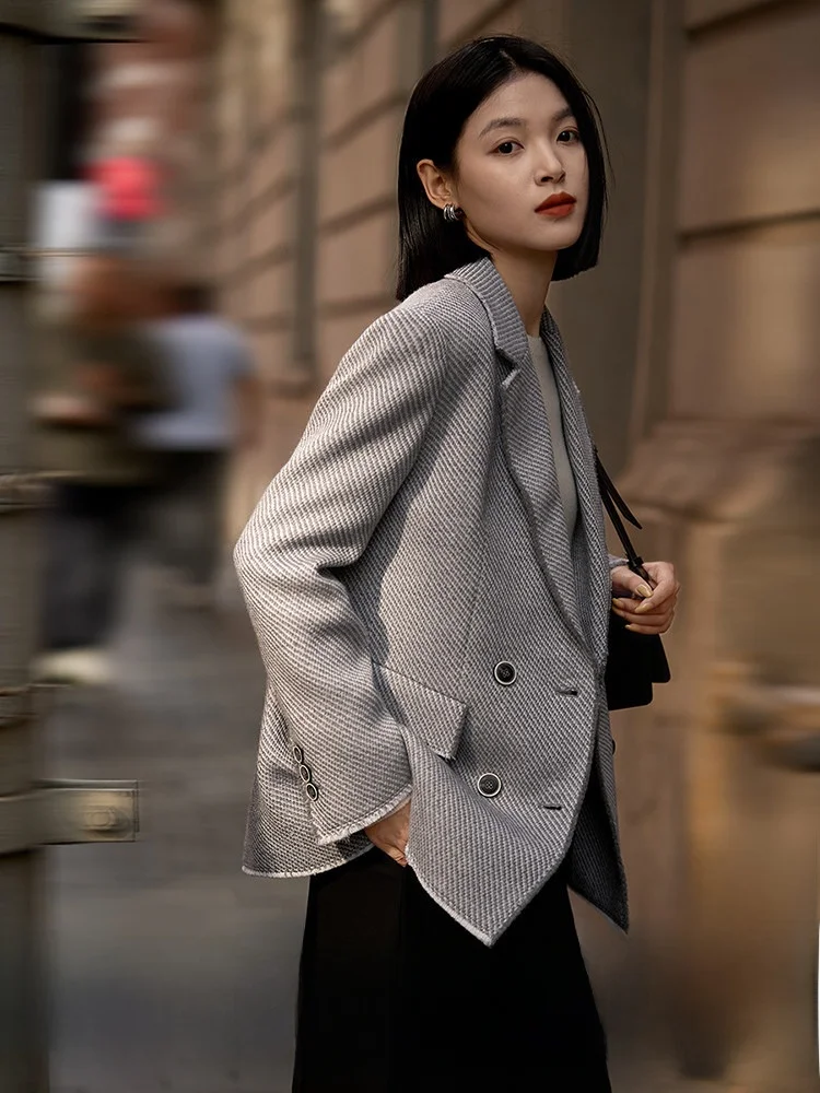 

Spring New Arrival Women's Woolen Tweed Suit Jacket Commute Style Long Sleeve Double Breasted Coat Xhange Fashion Brand