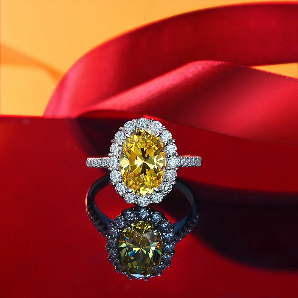 S925 Silver 3 Carat Pigeon Egg 8 * 12 High Carbon Diamond Ring Yellow Luxury Full Diamond Ring Wedding Jewelry