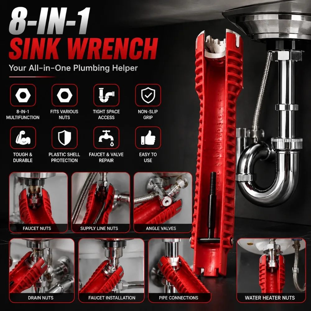 Universal 8 in 1 Plumbing Wrench for Bathroom Faucet Sink Installation Angle Valve Water Heater Repair and Maintenance
