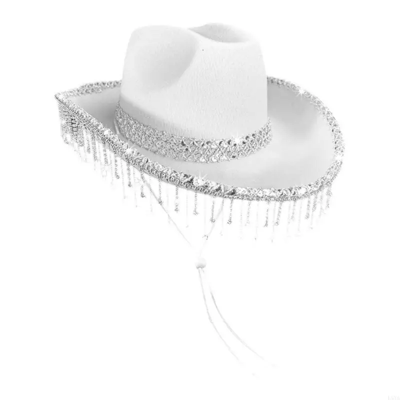 

L5YA Western Bridal Accessory Rhinestones Studded Tassels Lace Cowboy Hats Panama Hat Photography Props