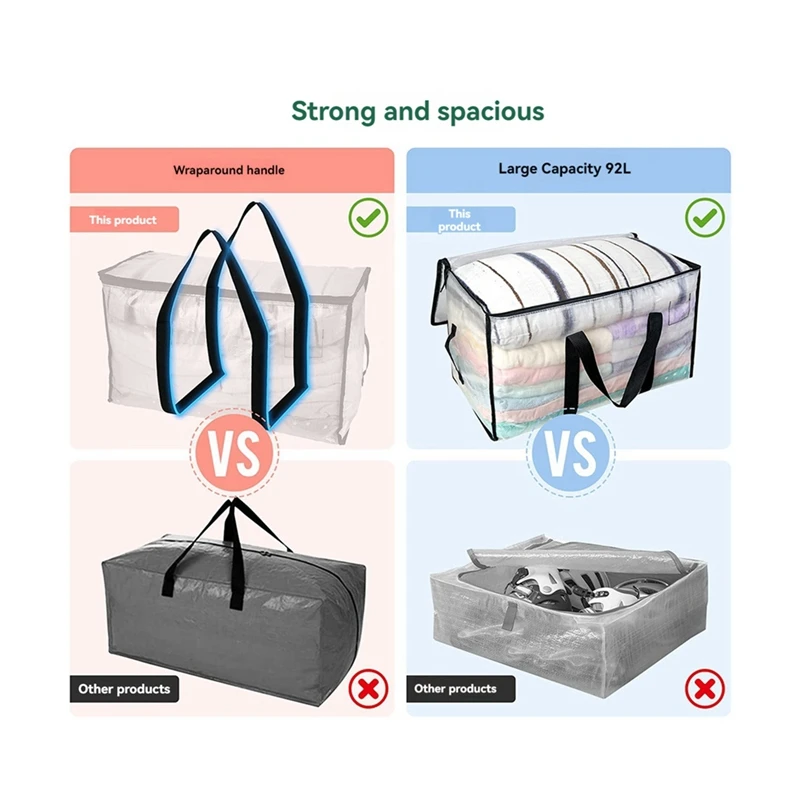 أكياس متحركة شفافة جديدة شديدة التحمل - 4 عبوات من أكياس تخزين سعة 90 لتر مع مقابض قوية وسحاب ومقاومة للماء وشبه شفافة