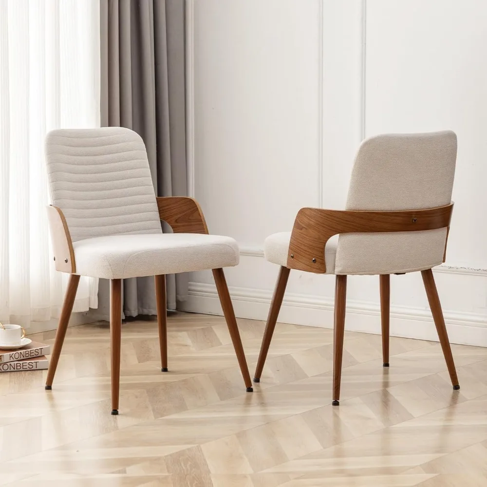

Pair of Mid-Century Modern Upholstered Accent Chairs in Beige Fabric with Metal and Wooden Legs for Dining Room