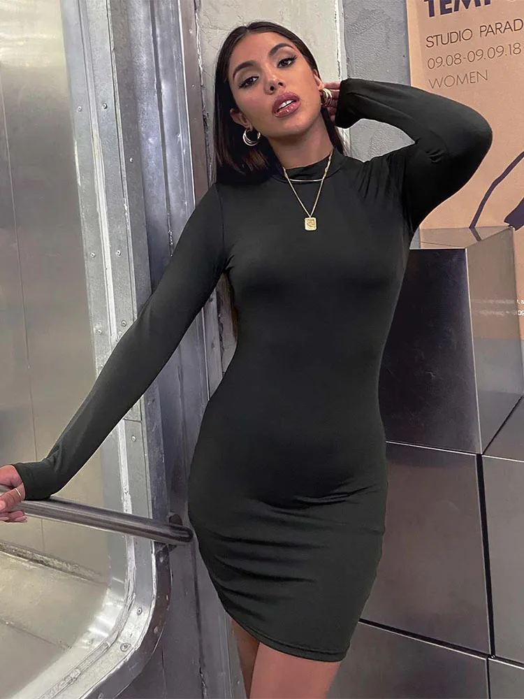 New Arrival Turtleneck Long Sleeve Skinny Mini Dress Sexy Skirt Dresses Women Elegant Chest Slim Pleated Dress