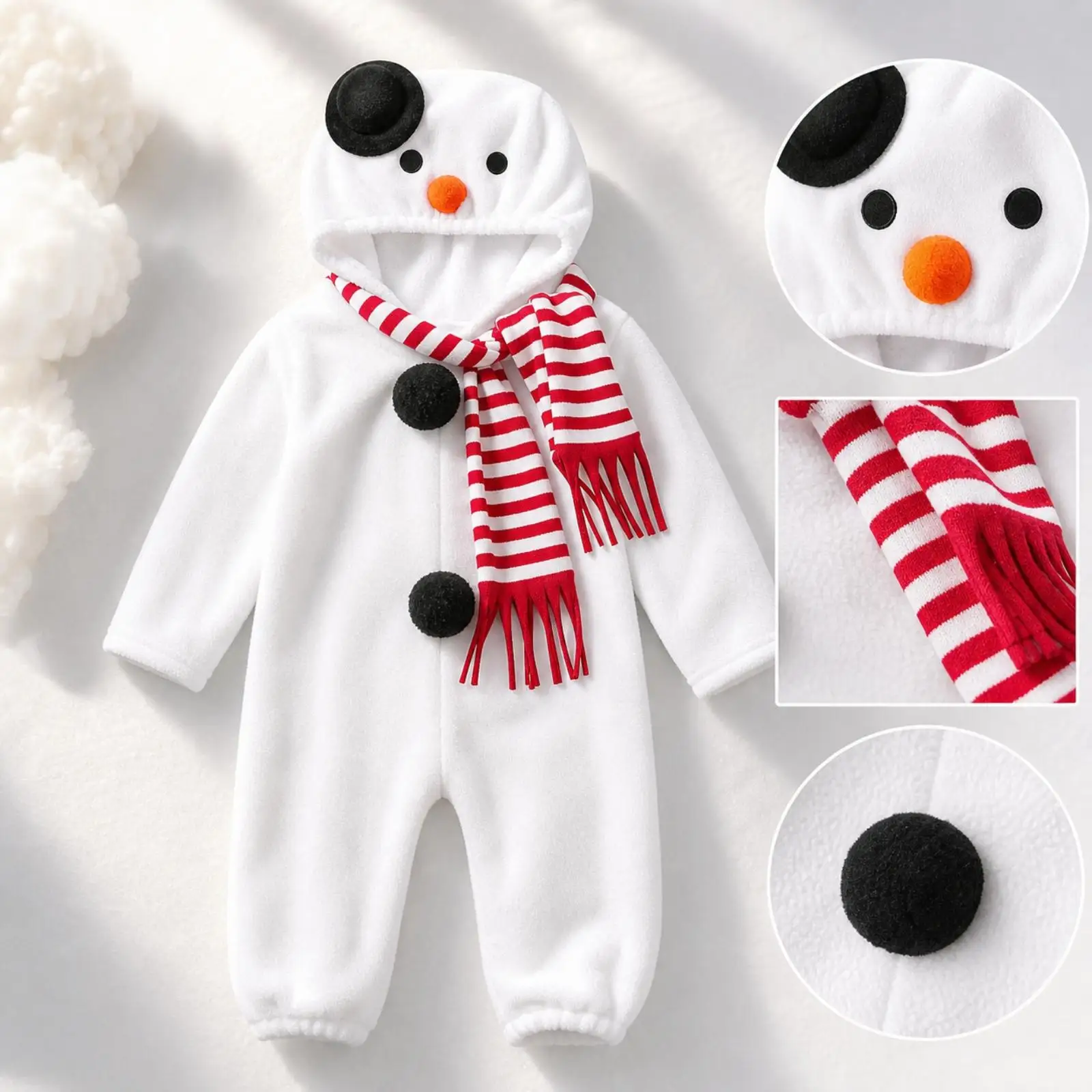Infant Toddler Hooded Snowman Jumpsuit Soft Fleece Pajamas One Piece Cute Winter Suit with Red Scarf for Festive Season 5
