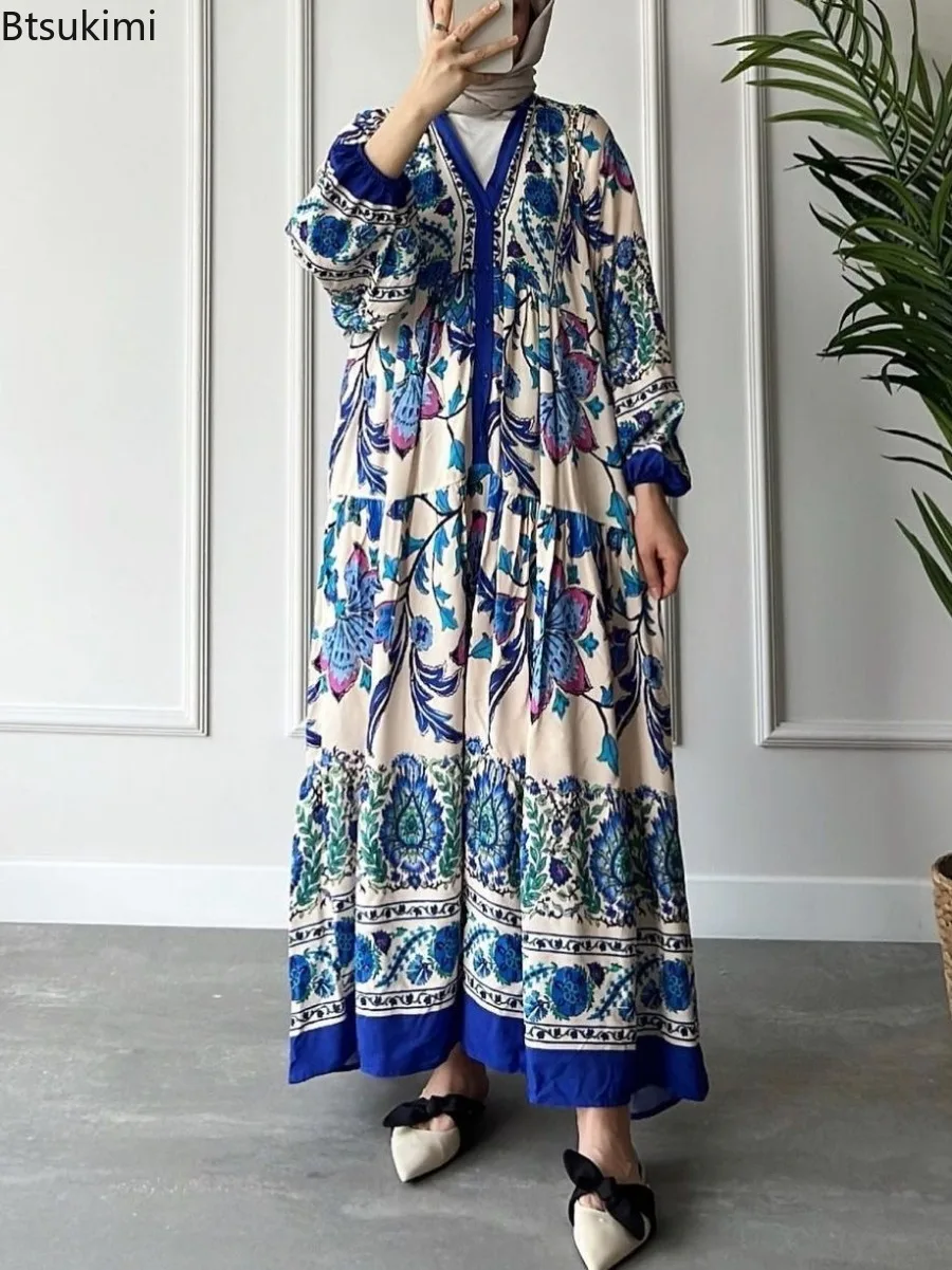 Eid Muslim Women\'s Maxi Dress Abaya Fashion Vintage Printed V-neck Party Dresses Dubai Kaftan Arab Robe Islamic Vestidos Females