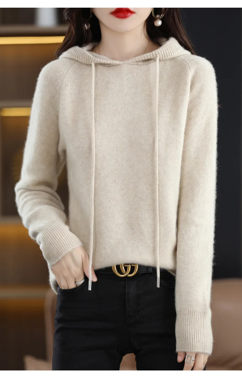 Mit kapuze Pullover Mode Frauen Herbst Winter Lange Ärmel Einfarbig Gestrickte Hoodies Dame Lose Kordelzug Casual Pullover Hoodie – Detail 4