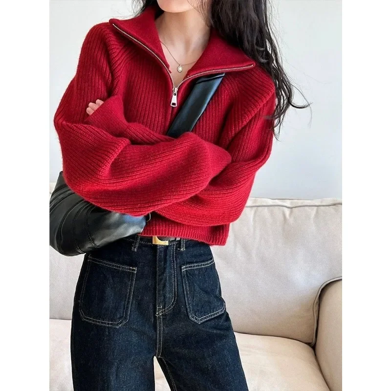 New Style Zipper Choker Knitwear Loose Autumn and Winter Can Be Worn Outside Sweater Western Style Sense of Design Short Style