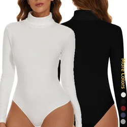Women's Turtleneck Long Sleeve Bodysuit Women Jumpsuit Stretchy Layer Top Black Solid Color Slim Fit Overalls One Piece Outfit