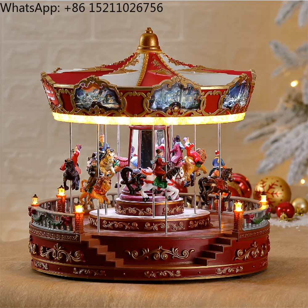 Animated Led Musical Red noel Christmas Carousel Music Box For Christmas Holiday Decoration