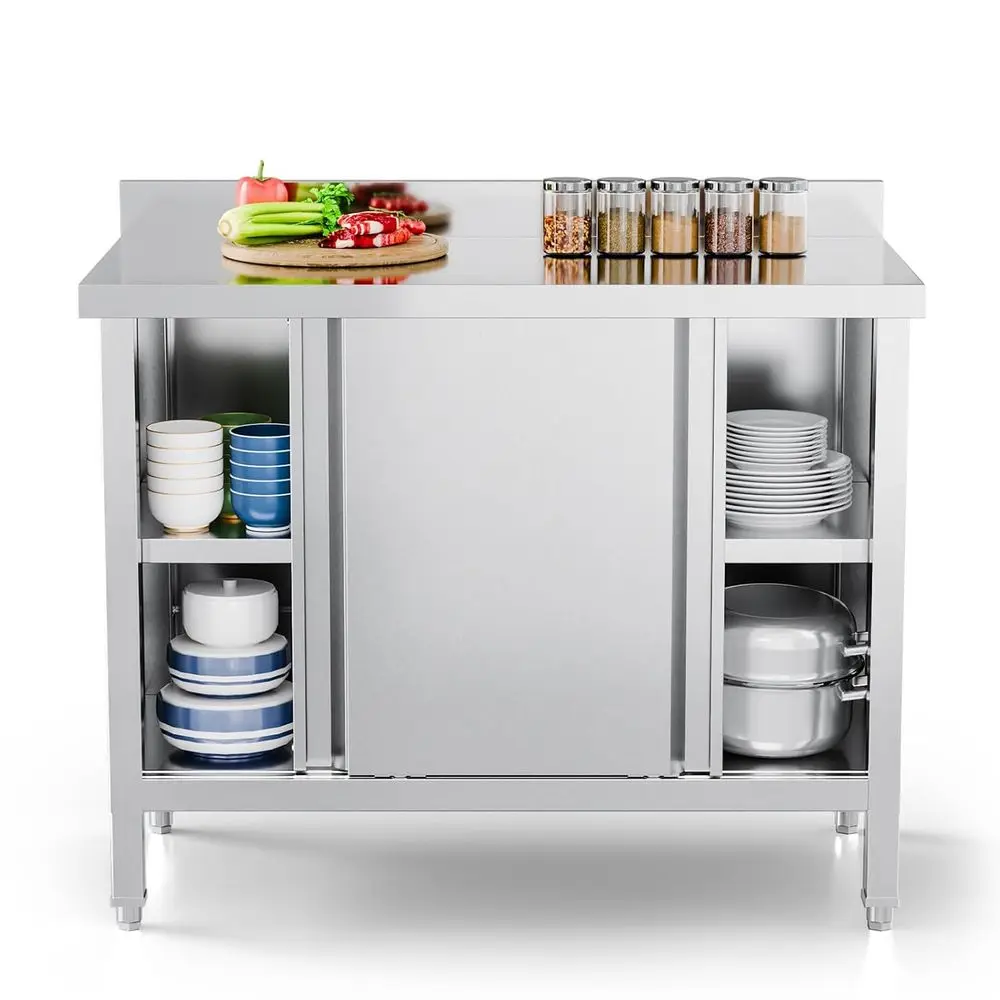 

Commercial Heavy Duty StainlSteel Prep Work Table with Backsplash & 2 Sliding Do, Large Space Storage Cabinet, 39" x 19" Metal T