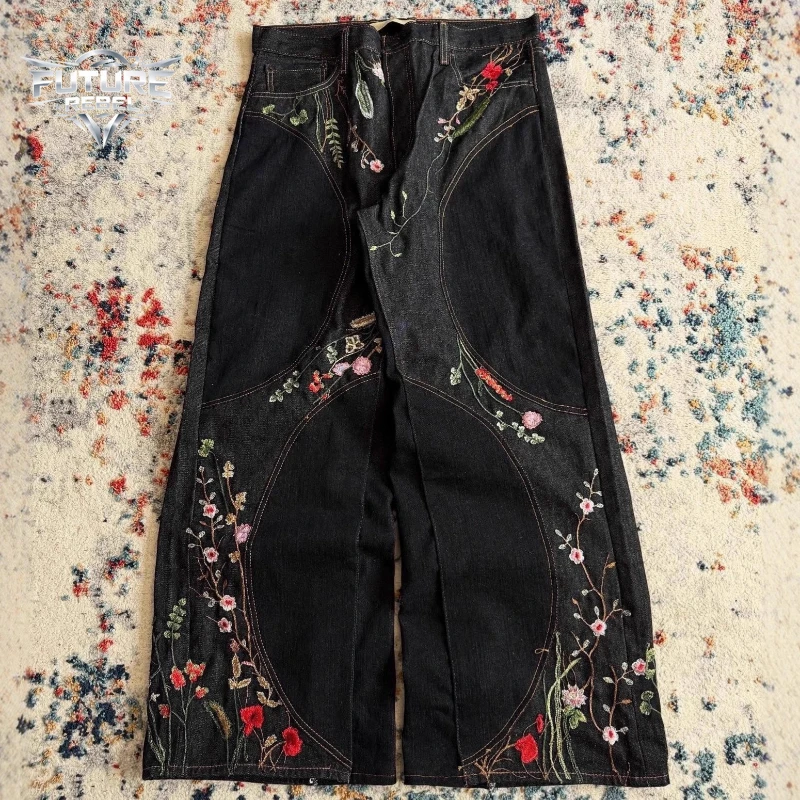 Y2K Gothic Loose Wide Leg Patchwork Denim Jeans Flower Embroidery Hip Hop Trendy High Street Style Harajuku Streetwear Unisex