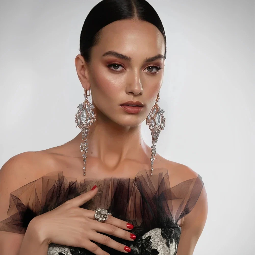 Stonefans حجر الراين مبالغ فيها استرخى أقراط للنساء هدية الزفاف 2024 العصرية الزفاف كريستال بيان أقراط مأدبة