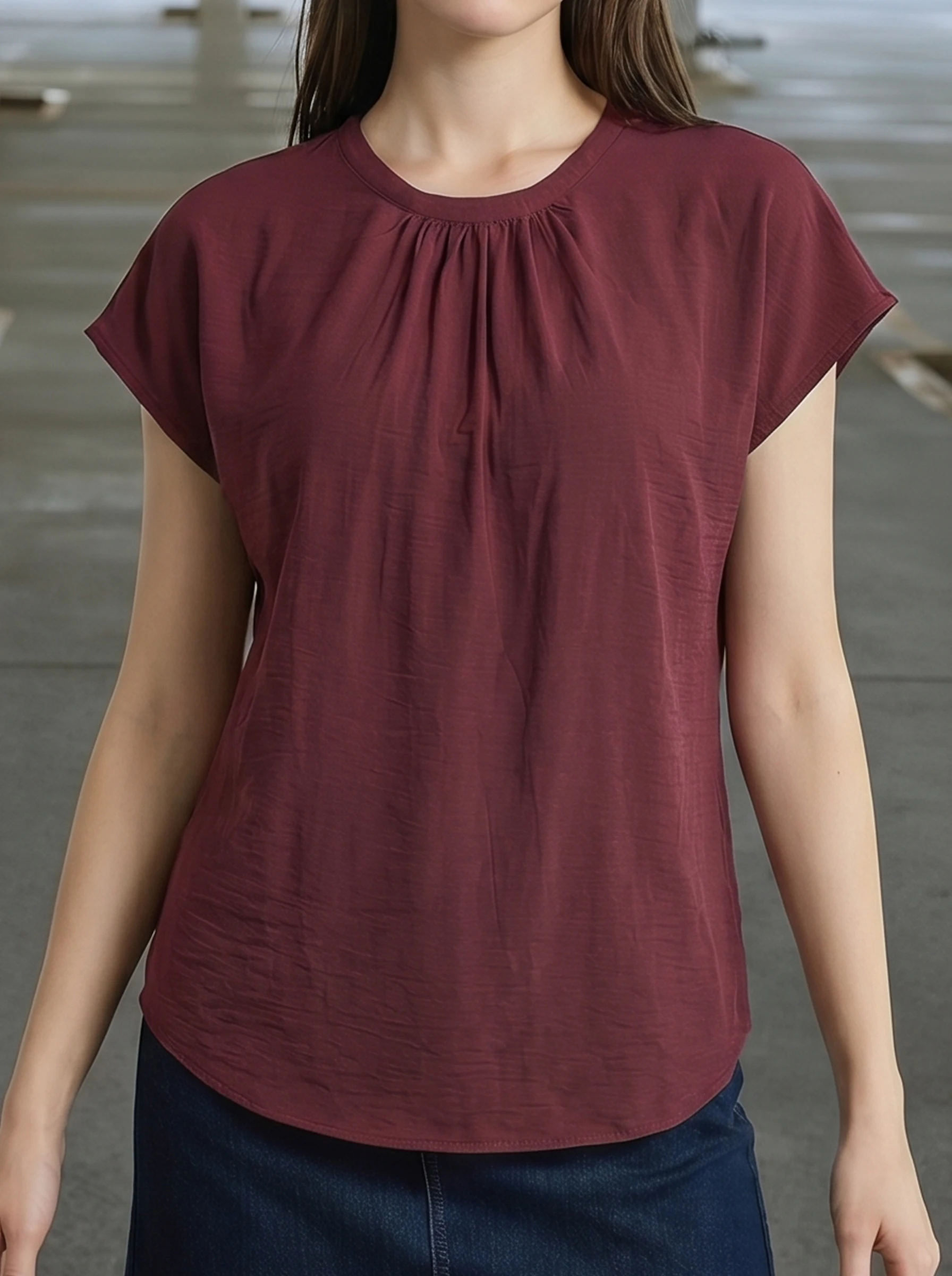 

Rosa fera Women Solid Color Pleated Neck Blouse Short Sleeve Casual Office Top