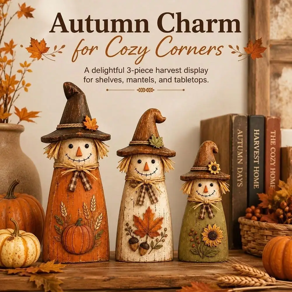 Vintage Wooden Scarecrow Fall Decor Set, Fall Decorations For Home | Vintage Wood Rustic Primitive Harvest, Figurine With Pumpkin & Flower, Outdoor Table Gift, Retro Statue(Three-Piece Set)