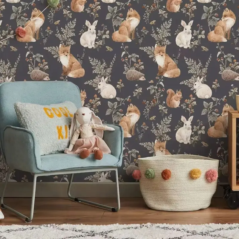 Woodland Animal Wallpaper In Grey,Hand Drawn Watercolor Forest Fox Wall Mural Peel and Stick,Self-adhesive Or Traditional Papers