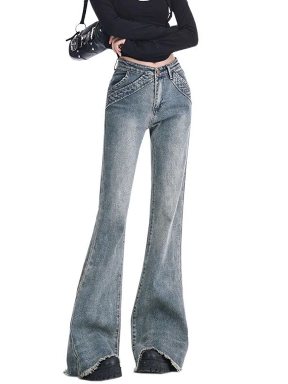 

Retro design with fringed edges and micro flared jeans for women in spring and summer, American style, low waist, spicy girl, sp