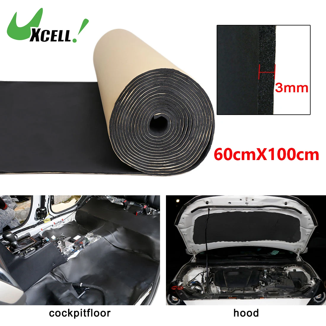 Uxcell 3 mm 5 mm 8 mm 100 cm x 100 cm Auto-Wärmedämmpad Unterlage Schaumstoff selbstklebende schalldämmende und automatische Dämpfungsmatte schwarz