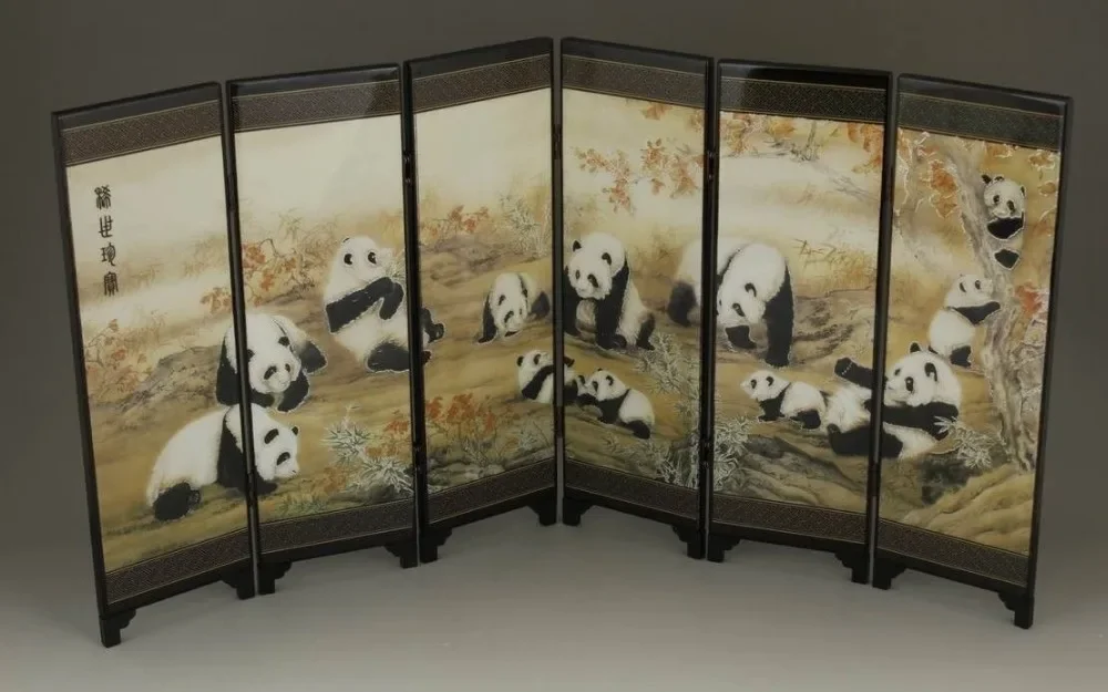 ( Mini ) Exquisite Chinese Classical  Lacquer Painting Folding Screen - Cute Pandas