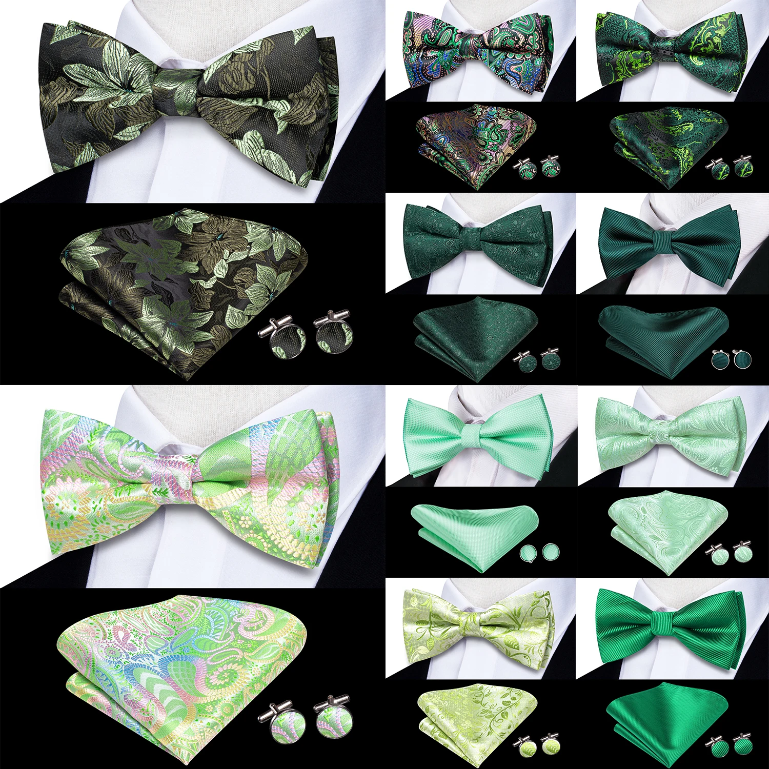 Sage Mint Grass Teal Green Silk Mens Bow Tie Hankerchief Cufflinks Set Pre-tied Butterfly Knot Bowtie for Male Wedding Business