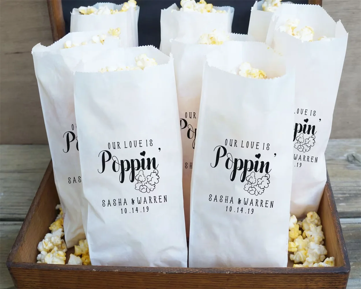 50 Popcorn Wedding Favor, Engagement Party Favor Bags, Popcorn Bar, Bridal Shower - Grease Resistant - Customized, Personalized