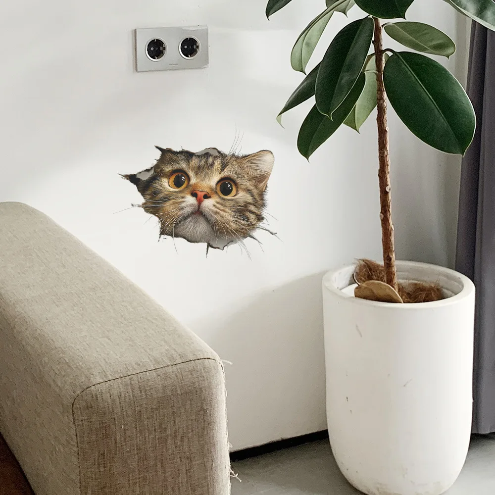 Cute Naughty Broken Hole Cat Toilet Stickers Self-adhesive Removable Wall Decal for Bedroom Living Room Dining Animal Home Decor