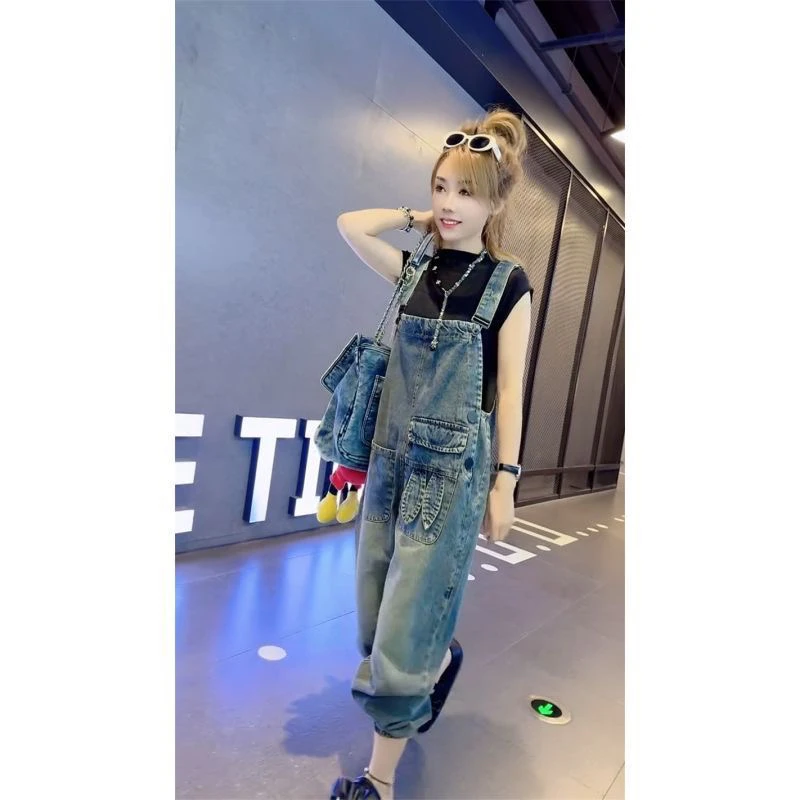

Rabbit Ear Denim Design Women's Overalls Faionable Age-Revealing Spring Summer Autumn Casual Multi-ket l Waist Jeans
