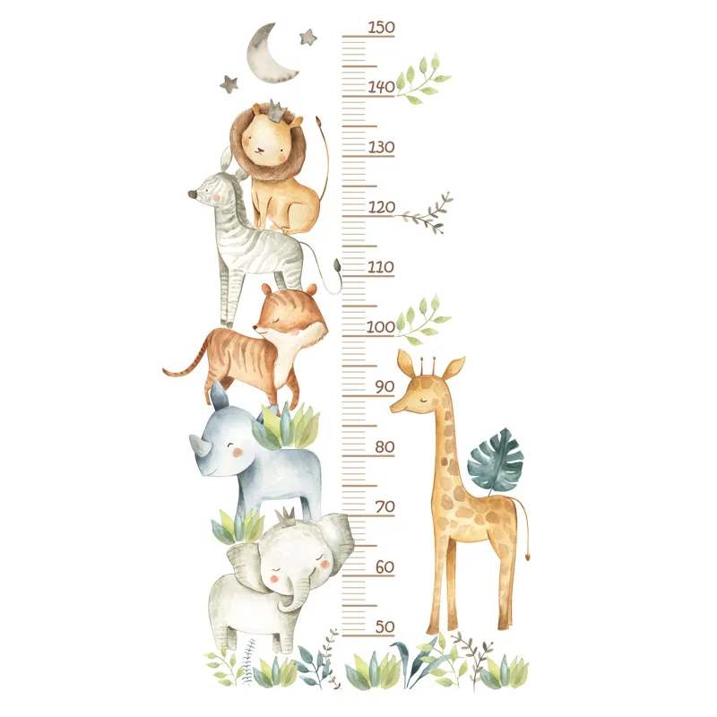 Boho Safari Animal Height Chart Decal, Watercolor Lion & Giraffe Growth Ruler Sticker