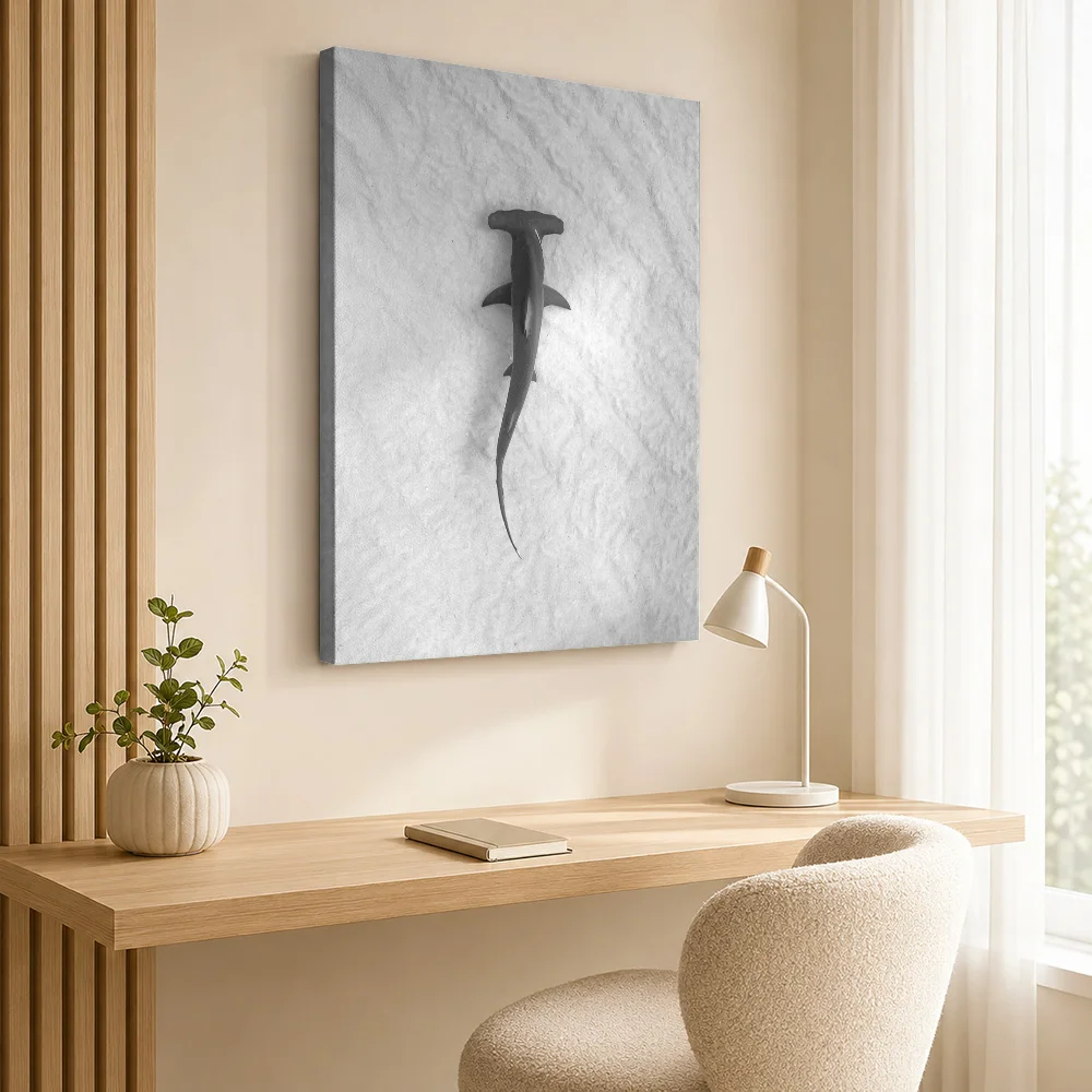 Hammerhead Shark Over Sand Wood Framed Canvas Poster Customized Photo Natural Underwater Wall Art For Bedroom Housewarming Gift
