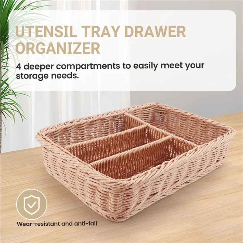 

Ultra Kitchen Drawer Organizer Cutlery Storage Basket 4 Compartments Kitchen Forks Knifes Rattan Storage Tray