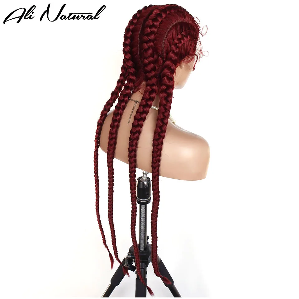 99J Color Box Braids wig African 4 braids Braided 360 Lace Wig For Black Women Dark Burgundy Synthetic Fiber