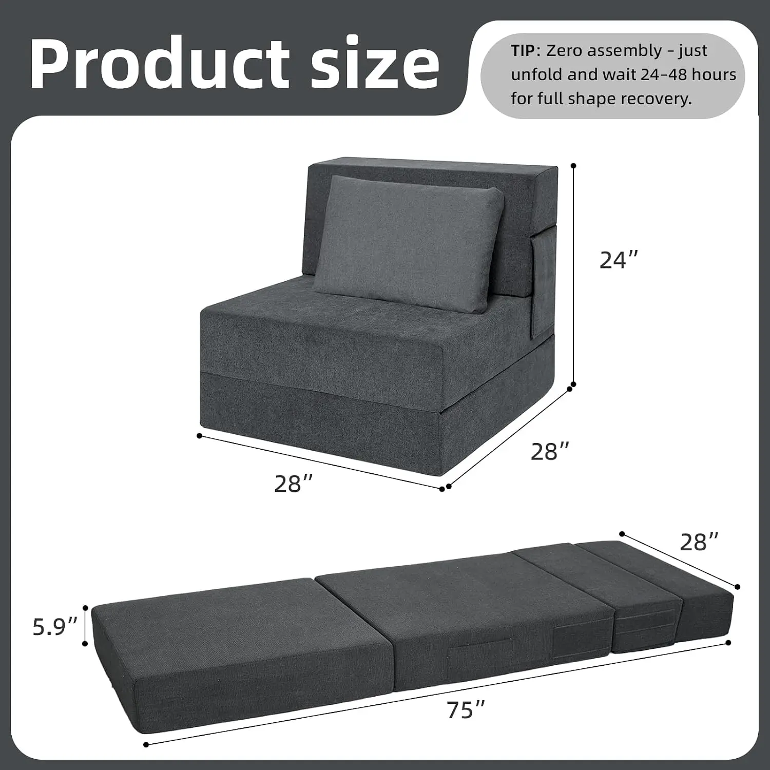 Folding Sofa Bed, Convertible Sleeper Chair with Pillow, Fold Out Chair Bed, High-Density Foam Floor Couch Bed, Foldable Futon C