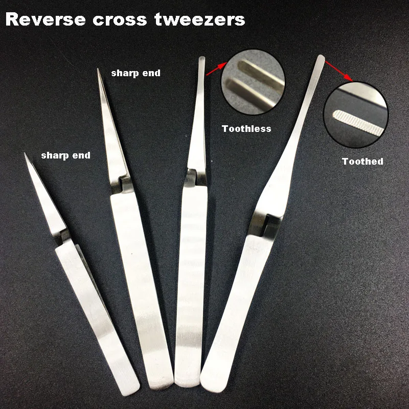 Stainless Steel Reverse Cross Tweezers, Reverse Contrast Clamp, Length: 16Cm Round Head, Pointed Thickened Forceps