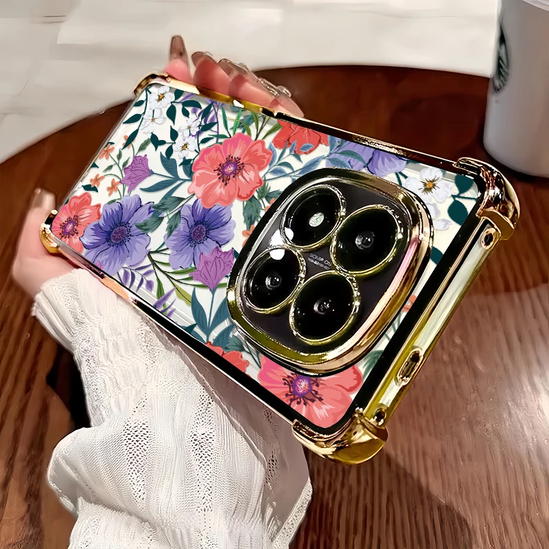 Shockproof Silicone Phone Case For Xiaomi 15T 14T 14 Pro 15 Ultra 13 Pro 11i Beautiful Flowers Print Plating Transparent Cover
