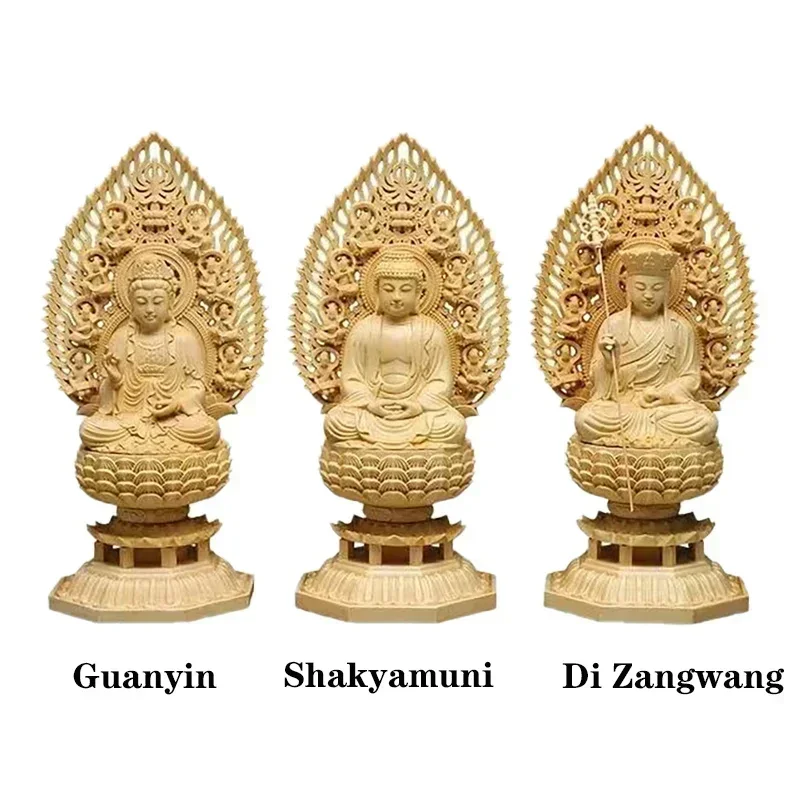 

Solid Wood Carving Avalokitesvara, Ksitigarbha, Shakyamuni Buddha Buddhist statue，Home Decor Feng Shui Large Statue 28cm / 11 in