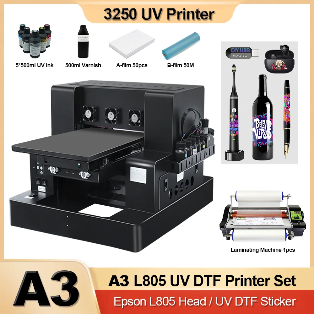 A3 UV Printer L805 Printhead Flatbed UV Printer with Varnish A3 UV DTF Printer Sticker For Phonecase Bottle Acrylic Glasses Pens