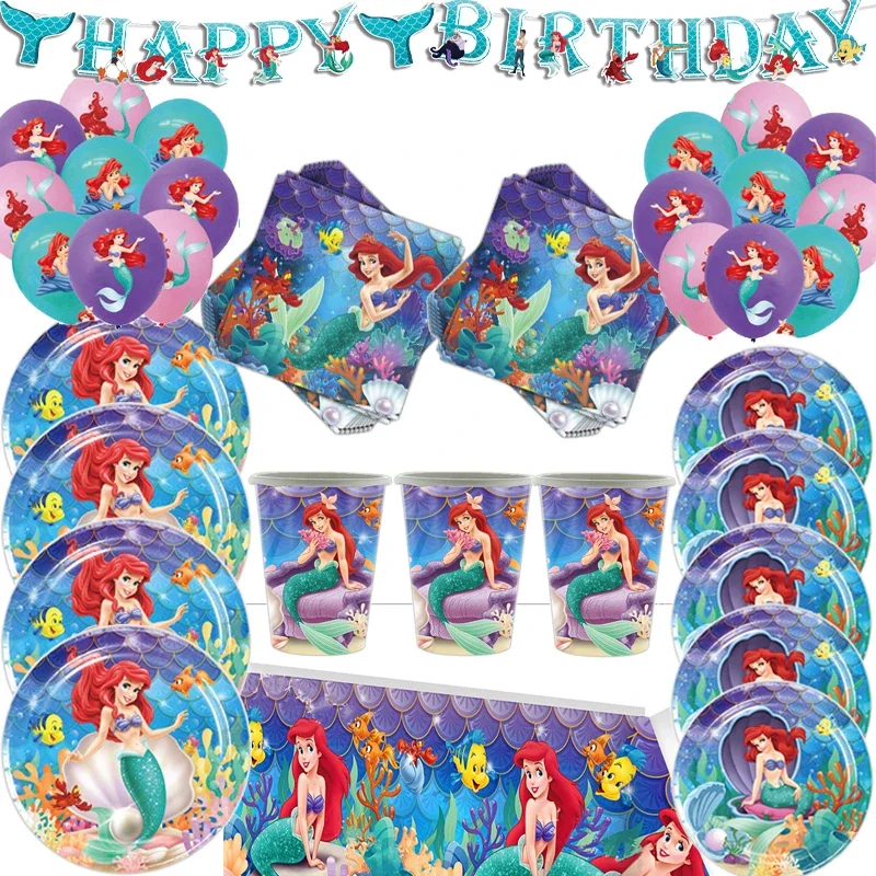 Little Mermaid Ariel Princess Disposable Tableware Set Kids Favor Birthday Party Decoration Plate Napkins Tablecloth Baby Shower