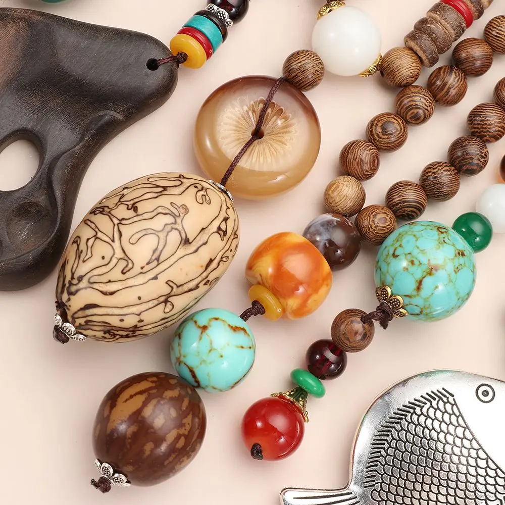 Vintage Handmade Lucky Gift Party Horn Fish Pendant Mala Wood Bead Buddhist Nepal Necklace