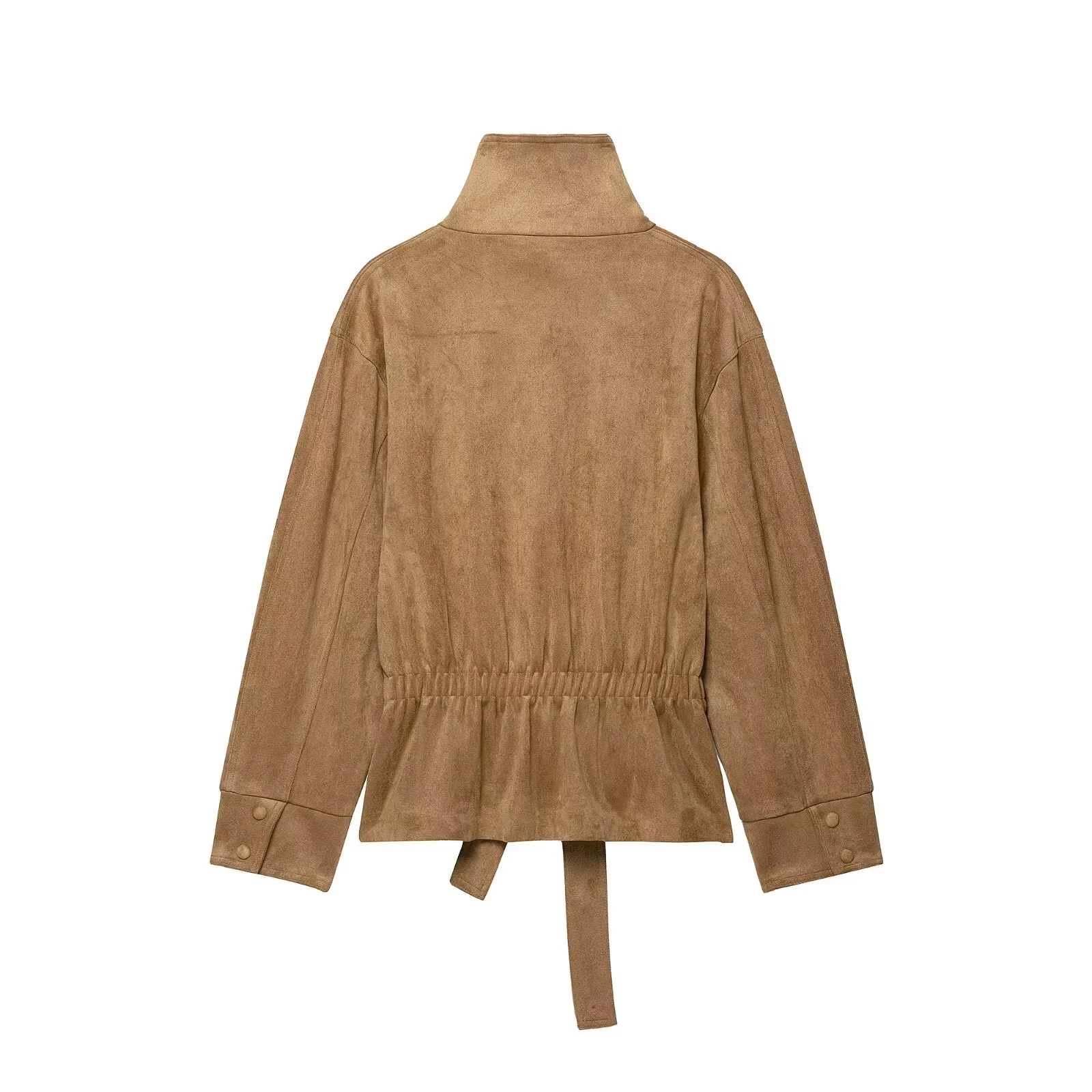 HH Damen Vintage Khaki Kunstleder-Oberbekleidung, hoher Stehkragen, Taillengürtel, Kunstwildlederjacke, Herbstmode, Mantel für den Schulanfang – Detail 4