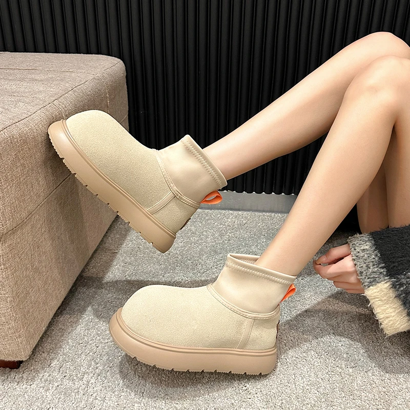 Shoes  White Mid-Calf Boots Round Toe Boots-Women Australia Winter Footwear Low 2024 Autumn Snow Ladies Leather Genuine Women's