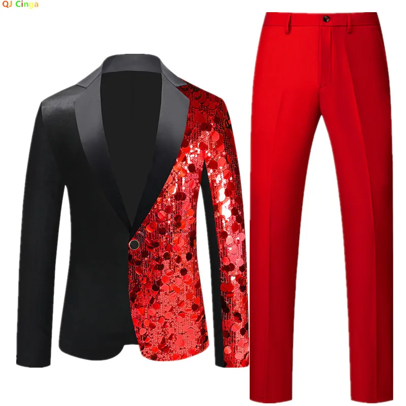

‌Men's Red Sequin Tuxedo Jacket & Red Trousers Set - Stage Performance/Wedding/Party Formal Wear‌