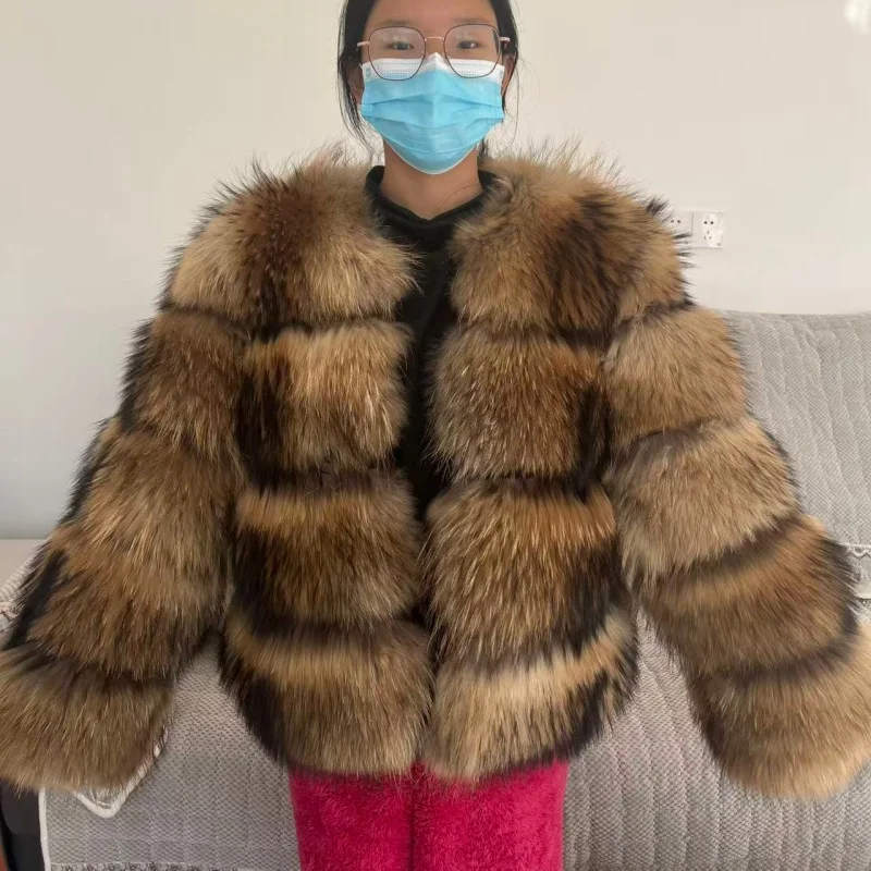 

QANAUI Women's Short Real Raccoon Fur Coat Winter Long Sleeve Hooded Natural Luxury Thick Jacket for Fashionable Cold Weather