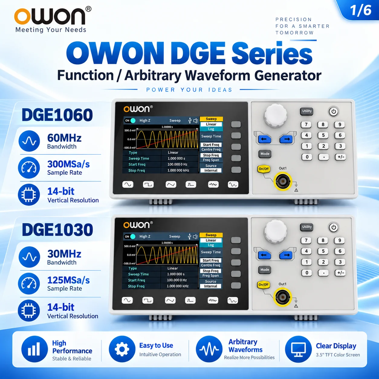 OWON DGE1030 DGE1060 Function Generator Arbitrary Waveform Generator DDS Signal Source 30MHz 60MHz 14-bit TFT LCD Test Equipment